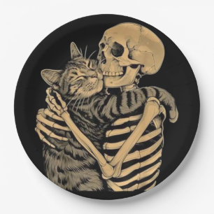  Skeleton Hugging Cat – Cute Gothic Cat Lover Gift Paper Plates