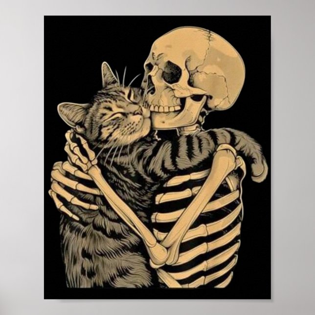  Skeleton Hugging Cat – Cute Gothic Cat Lover Gift Poster (Front)