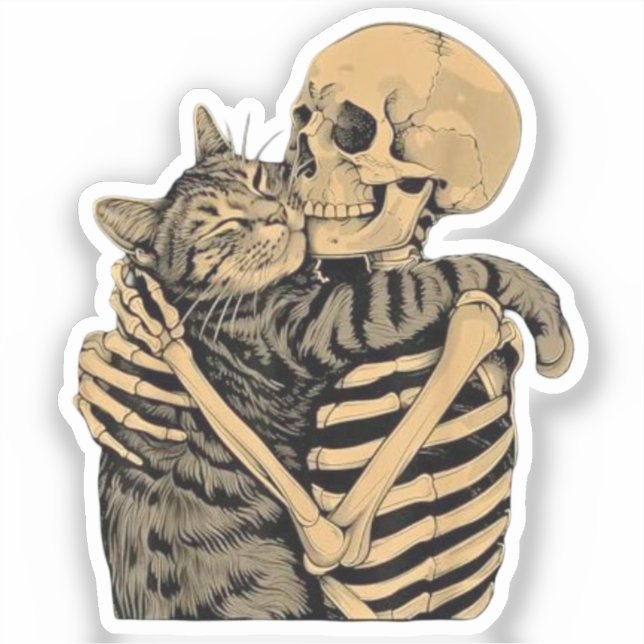  Skeleton Hugging Cat – Cute Gothic Cat Lover Gift Sticker (Front)