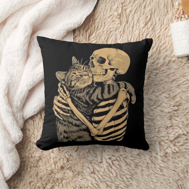  Skeleton Hugging Cat – Cute Gothic Cat Lover Gift Throw Pillow (Blanket)