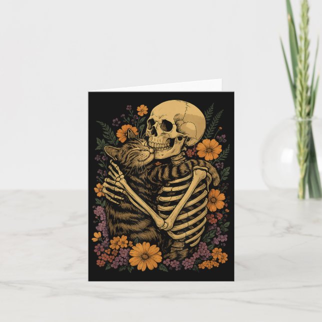 Skeleton Hugging Cat Floral Halloween Cats Lover  Card (Front)