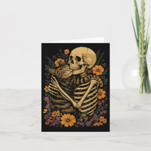 Skeleton Hugging Cat Floral Halloween Cats Lover Card