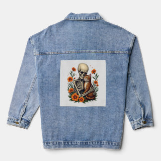 Skeleton Hugging Cat Floral Halloween Cats Lover Denim Jacket
