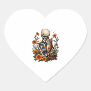 Skeleton Hugging Cat Floral Halloween Cats Lover Heart Sticker