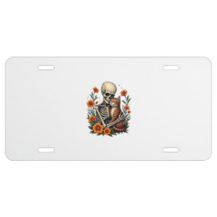 Skeleton Hugging Cat Floral Halloween Cats Lover License Plate