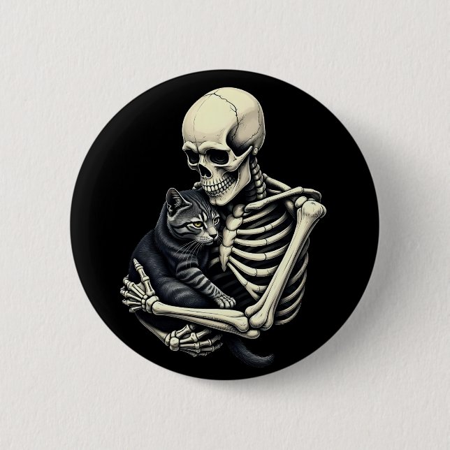 Skeleton Hugging Cat Funny Halloween Cat Lover Button (Front)