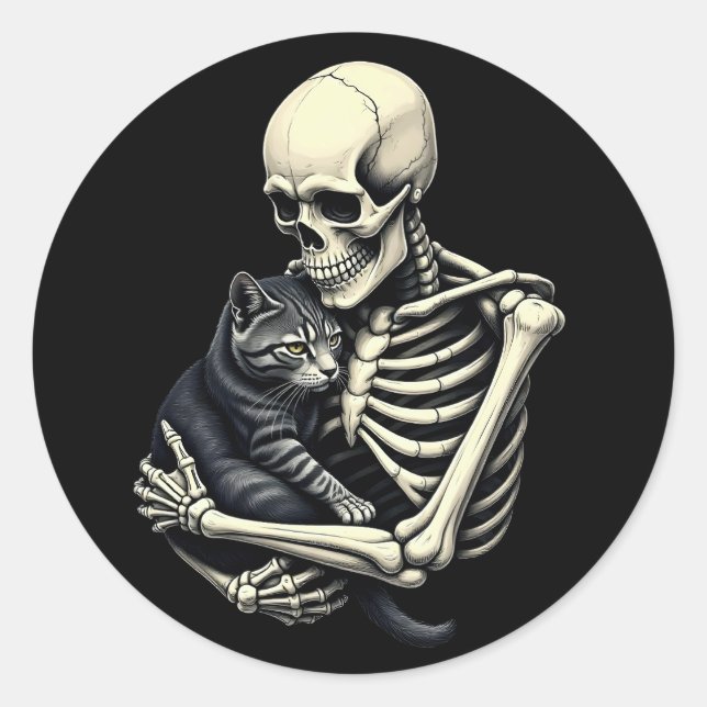 Skeleton Hugging Cat Funny Halloween Cat Lover Classic Round Sticker (Front)