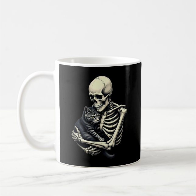 Skeleton Hugging Cat Funny Halloween Cat Lover Coffee Mug (Left)