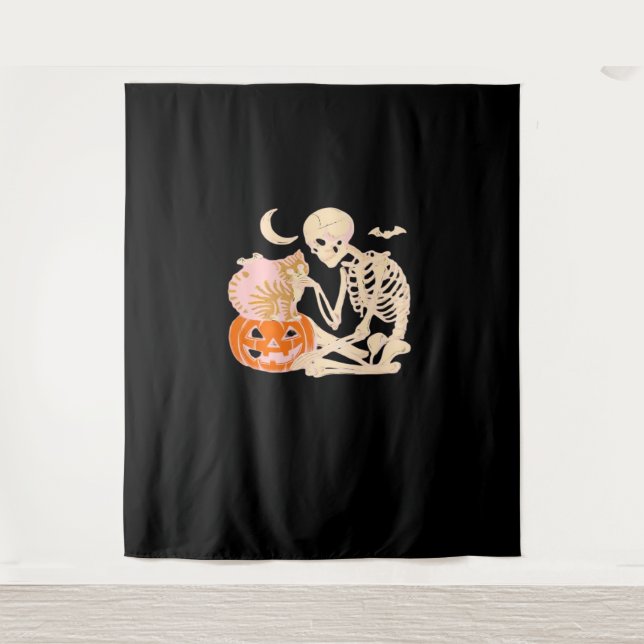 Skeleton Hugging Cat Halloween Cat Lover Cat Class Tapestry (Front)