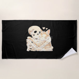 Skeleton Hugging Cat Halloween Cat Lover Cat Mom D Beach Towel