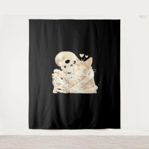 Skeleton Hugging Cat Halloween Cat Lover Cat Mom D Tapestry