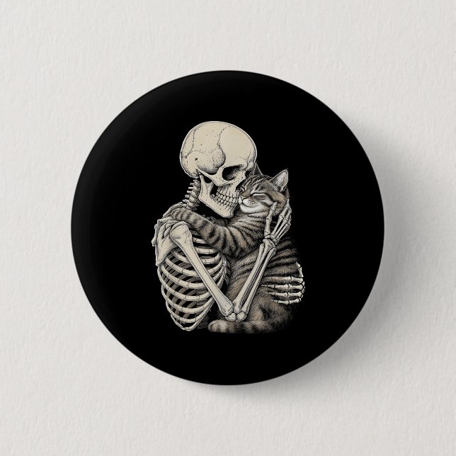 Skeleton Hugging Cat Halloween Cats Lover  Button (Front)