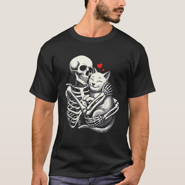 Skeleton Hugging Cat Halloween Cats Lover Cat Mom  T-Shirt (Front)