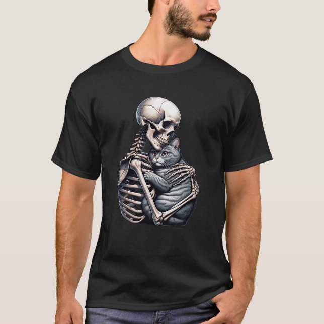 Skeleton Hugging Cat Halloween Loves Cats Cat Love T-Shirt (Front)