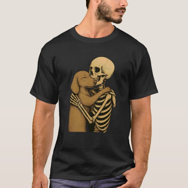 Skeleton Hugging Dachshund Dog Halloween T-Shirt (Front)