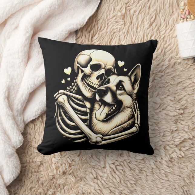 Skeleton Hugging Dog Halloween German Shepherd  Throw Pillow (Blanket)