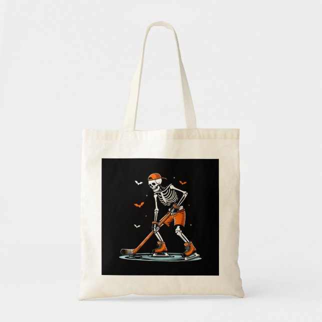 Skeleton Ice Hockey Halloween Boys Funny Halloween Tote Bag (Front)