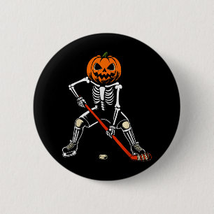 Skeleton Ice Hockey Halloween Pumpkin Hockey Mens  Button