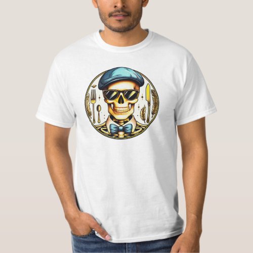 Skeleton in a blue cap and bow tie T_Shirt