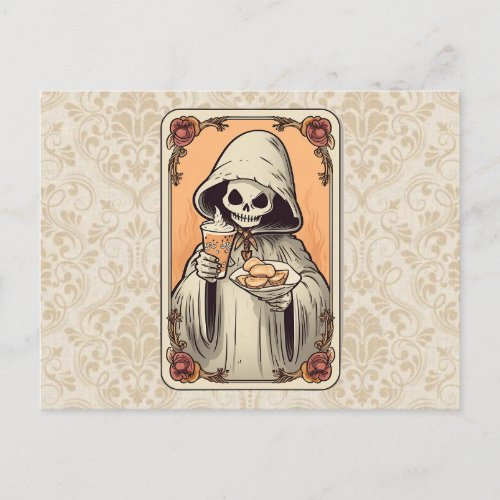 Skeleton in a Cloak Coffee Treats Tarot Halloween Holiday Postcard