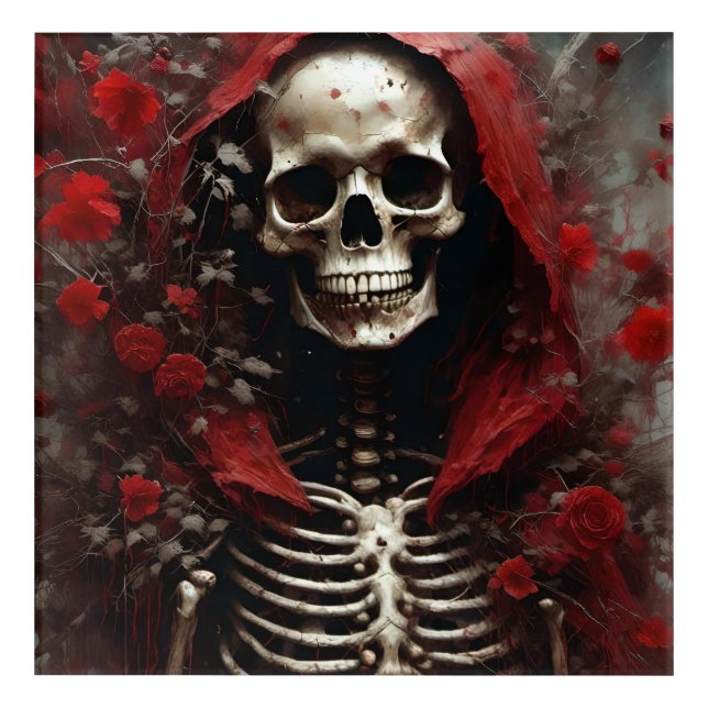 Skeleton in a Red Cape with Flowers Acrylic Print (Front)