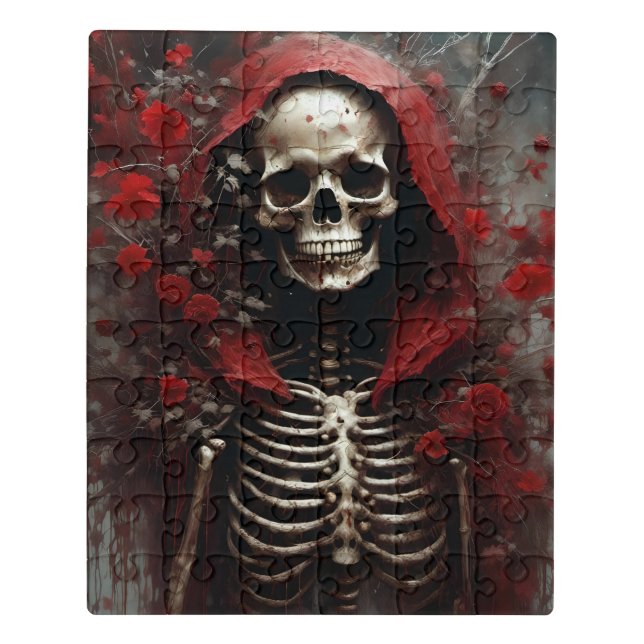 Skeleton in a Red Cape with Flowers Jigsaw Puzzle (Puzzle Vertical)