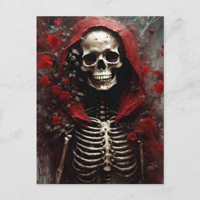 Skeleton in a Red Cape with Flowers Postcard (Front)