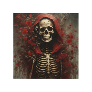 Skeleton in a Red Cape with Flowers Wood Wall Art
