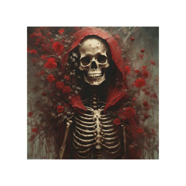 Skeleton in a Red Cape with Flowers Wood Wall Art (Front)