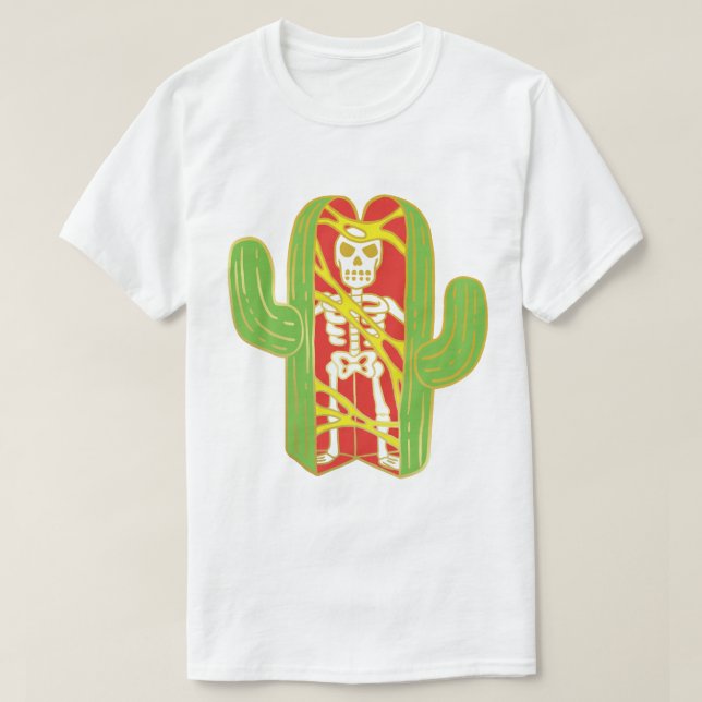 Skeleton in a Saguaro Cactus Design T-Shirt (Design Front)