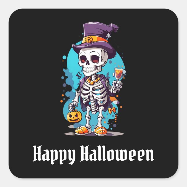 Skeleton in a Top Hat Happy Halloween Square Sticker (Front)