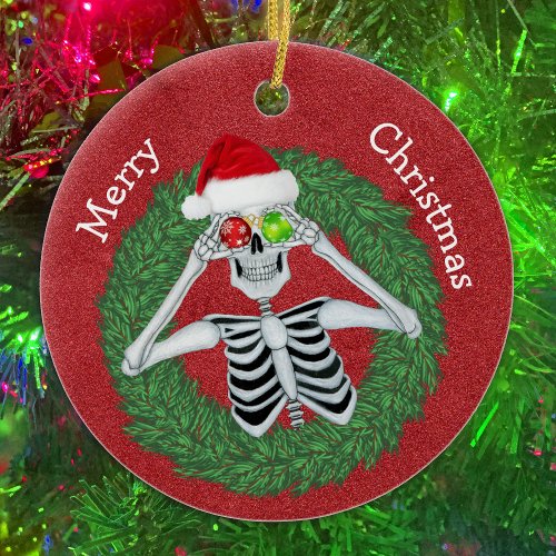 Skeleton in Pine Christmas Wreath Red Hat Funny Ceramic Ornament