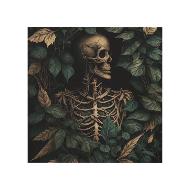 Skeleton in Plants Wood Wall Art (Front)