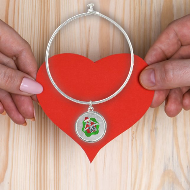 Skeleton in Red Green Shape Ornaments Hat Bokeh Bangle Bracelet (Cute Skeleton in Red and Green splatter shape Santa Hat on White bokeh pattern dangle charm bracelet)