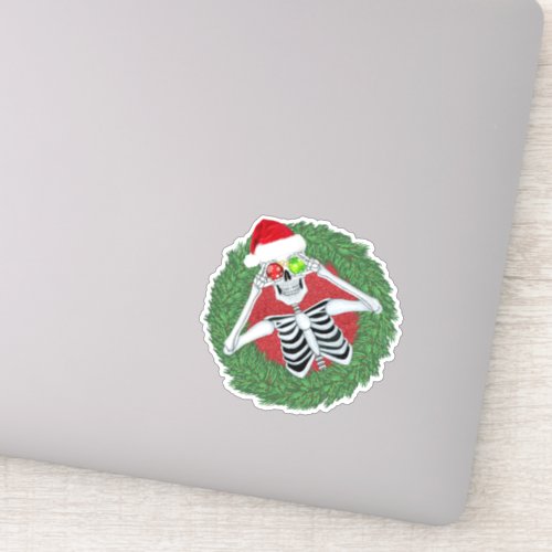 Skeleton in Santa Hat Christmas Balls Green Wreath Sticker