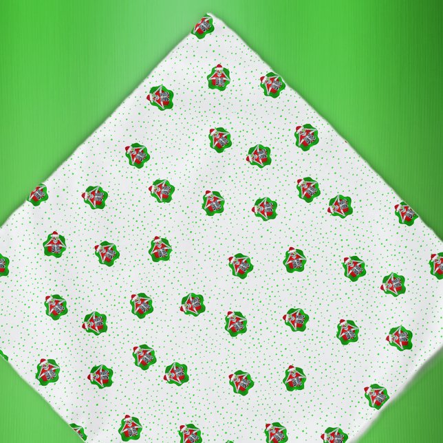 Skeleton in Santa hat Green Red Spatter Dots Bandana (Fun skeletons with Santa Hats holding ornaments in splatter blobs with green dots on a bandana.)