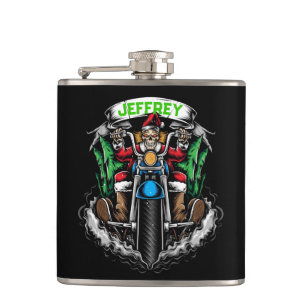 Skeleton in Santa Suit Riding a Motorcycle Flask