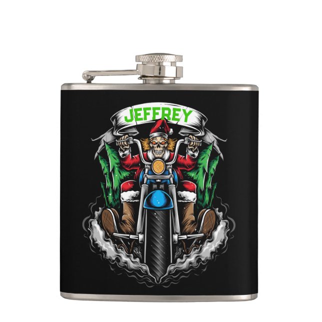Skeleton in Santa Suit Riding a Motorcycle Flask (Front)