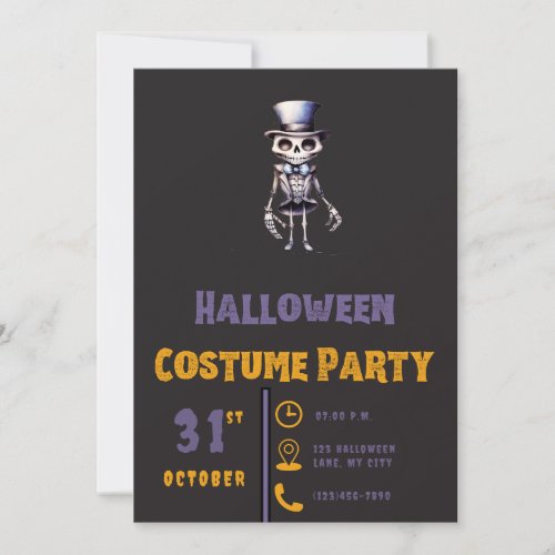 Skeleton in Top Hat Bow Tie Modern Black Halloween Invitation