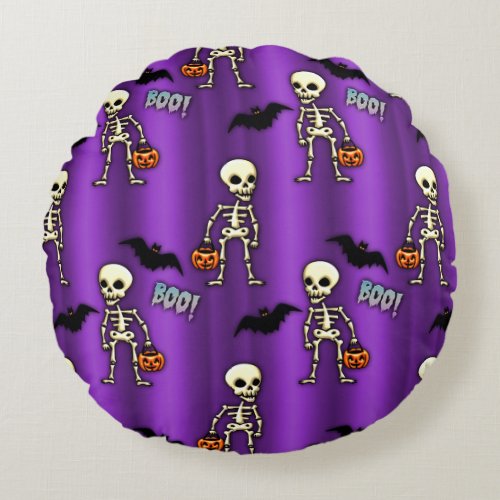 Skeleton Jack Olantern Bats Purple Halloween Round Pillow