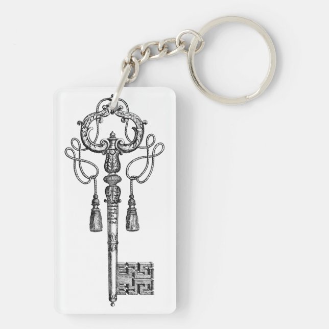 Skeleton key antique black and white elegant  keychain (Back)