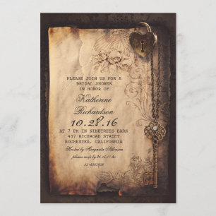 skeleton key heart lock bridal shower invites