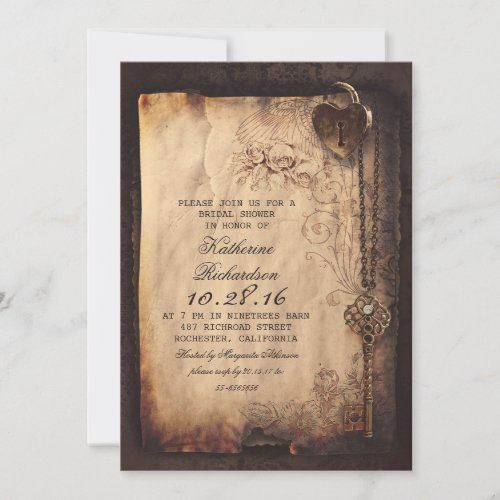 skeleton key heart lock bridal shower invites - Heart lock and vintage skeleton key old parchment bridal shower invitations. Beautiful typewriter and script fonts composition on floral paper sheet. Shabby and unique bridal shower invite for gothic and antique inspired bridal shower / couples shower. ------Please contact me if you need help with customization, need more products or have a custom color request. -------If you push CUSTOMIZE IT button you will be able to change the font style, color, size, move it etc. it will give you more options!