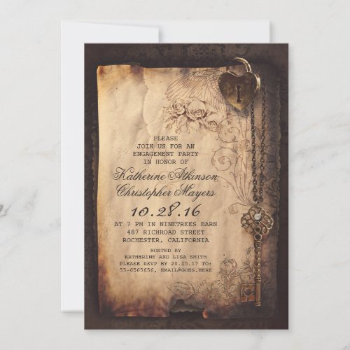 skeleton key heart lock engagement party invite - Heart lock and vintage skeleton key old parchment engagement party invitations. Beautiful typewriter and script fonts composition on floral paper sheet. Shabby and unique engagement party invite for gothic and antique inspired engagement party. ------Please contact me if you need help with customization, need more products or have a custom color request. -------If you push CUSTOMIZE IT button you will be able to change the font style, color, size, move it etc. it will give you more options!