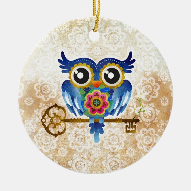 Skeleton Key Owl Ceramic Ornament (Front)