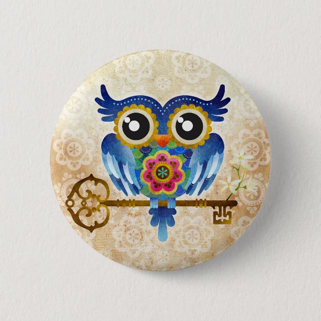 Skeleton Key Owl Pinback Button (Front)
