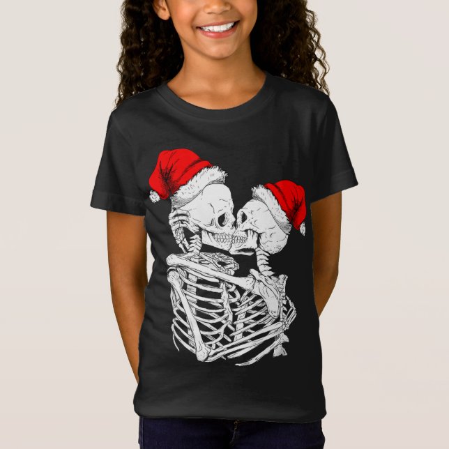 Skeleton Kissing Christmas Pajama Cool Skull Bones T-Shirt (Front)