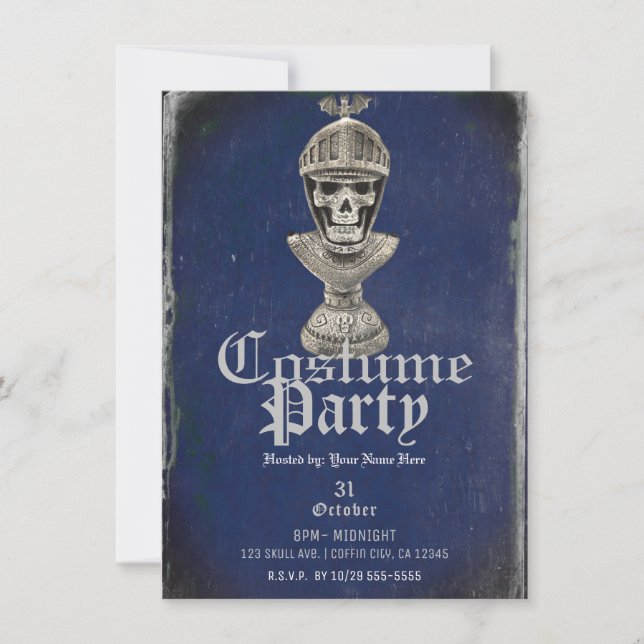 Skeleton Knight Blue Halloween Skull Costume Party Invitation (Front)