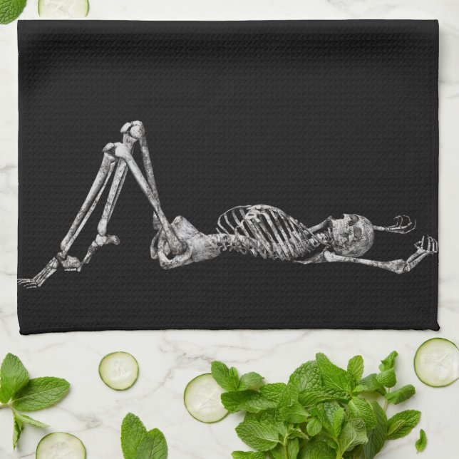 Skeleton Laying Down Black  Halloween Kitchen Towel (Folded)