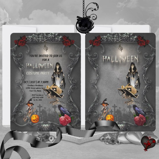 Skeleton little witch and crow invitation (Funny skeleton)